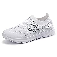 Women's Crystal Breathable Orthopedic Slip On Walking Shoes, Sparkle Rhinestone Slip On Loafers, Knitted Anti-Slip Sneakers Casual (White,7)