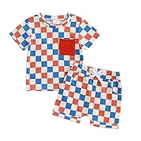 AEEMCEM 4th of July Baby Boy Girl Outfit Red and Blue Checkered Short Sleeve T-Shirt and Shorts Set Toddler Patriotic Outfit