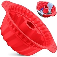 2 PCS 9.5 Inch Silicone Cake Pans, Non-stick Fluted Cake Pan with Sturdy Handle, Cake Baking Molds, Perfect Bakeware for Cake, Jello, Gelatin, Bread, Para Gelatinas (Red)