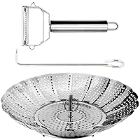 Vegetable Steamer Basket - Includes Julienne Peeler and Safety Utensil - 100% Stainless Steel - Expandable from 5.5 inches to 9 inches - Easy Storage and Cleaning