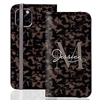 Custom Monogram Personalized Initials Dark Tortoiseshell Flip Folio Wallet Case Designed ‎‎for‎ ‎iPhone 15 Plus, 14 Pro Max, 13 Mini, 12 Pro, 11, Galaxy S24 Plus, S23 Ultra, S22 S20 Note