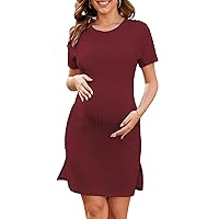 Womens Summer Maternity Dress with Pockets Rib Knit Short Sleeve Side Slit Bodycon Dresses Casual Pregnancy Clothes