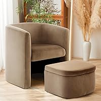 COLAMY Upholstered Velvet Barrel Accent Chair with Storage Ottoman, Morden Living Room Side Chair, Single Sofa Armchair with Lounge Seat for Bedroom/Office/Reading Spaces, Khaki