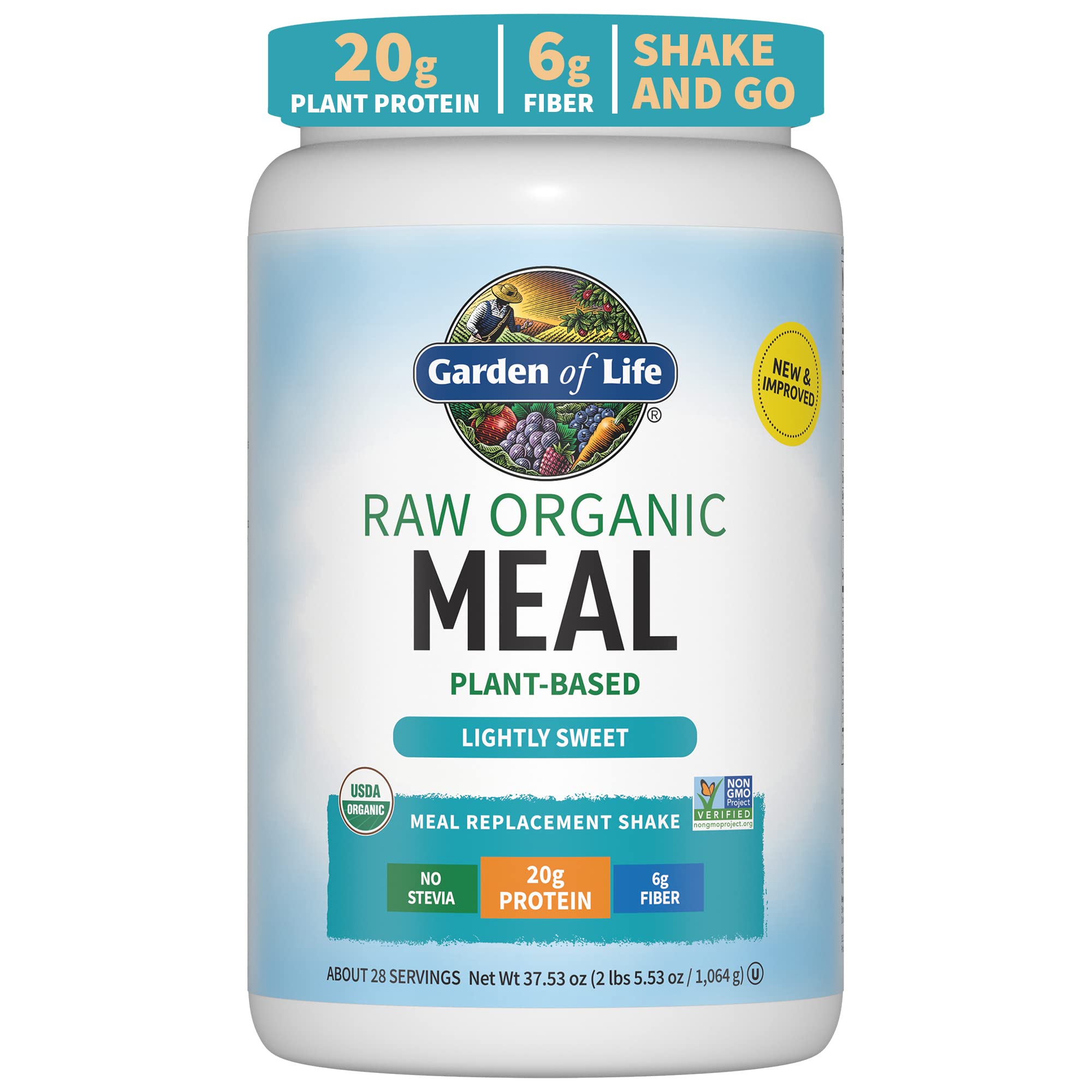 Garden of Life Tasty Organic Lightly Sweet Meal Replacement Shake Vegan - 20g Complete Plant Based Protein, Greens, Rice Protein, Pro & Prebiotics for Easy Digestion, Non-GMO Gluten-Free, 2.4 LB