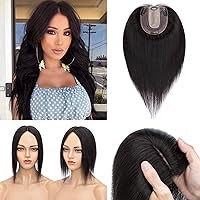 Hair Toppers, 100% Human Hair Toppers for Women Real Human Hair,3.9 * 4.7in 130% Density Silk Base Human Hair Toppers for Women 14 inch #1B Natural Black