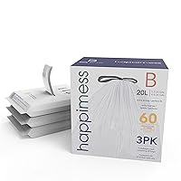 HPM3000B-WHITE 5.3 Gallon Kitchen Drawstring Trash Bags, Trash Can Liner, White, 60-Count, 3-Packs of 20 Liners