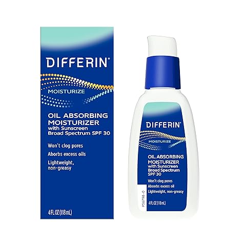 Differin Oil Absorbing Moisturizer with SPF 30, Sunscreen for Face by the makers of Differin Gel, Gentle Skin Care for Acne Prone Sensitive Skin, 4 oz (Packaging May Vary)