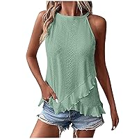 Womens Tank Tops Eyelet Embroidery Crewneck Sleeveless Going Out Top Ruffles Trim Casual Summer Basic Loose Shirts