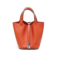 Women Genuine Leather Small Bucket Bag Fashion Silver Lock Design Top Handle Handbag Ladies Daily Casual Work Satchel