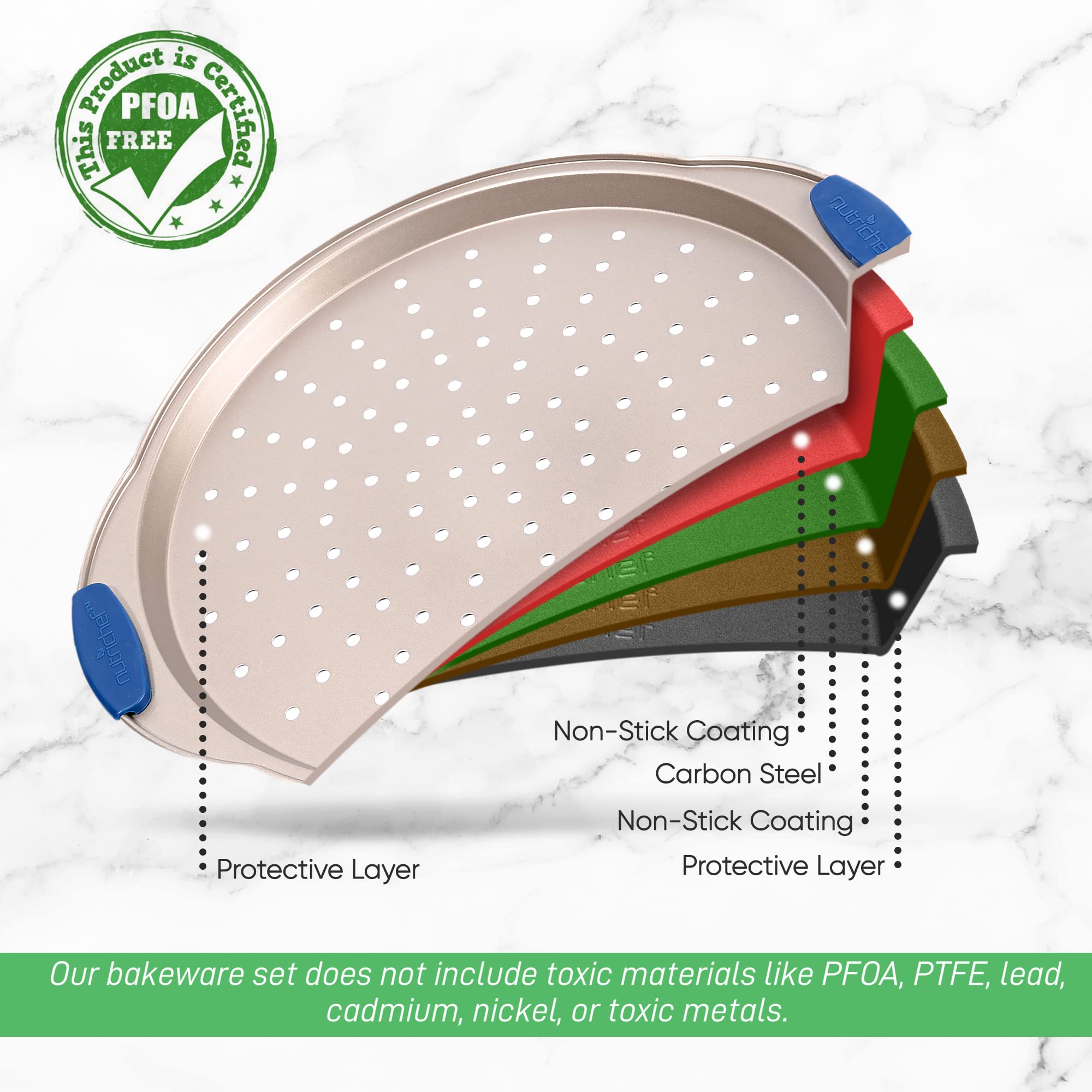 NutriChef Non-Stick Pizza Tray - with Silicone Handle, Round Steel Non-stick Pan with Perforated Holes, Premium Bakeware, Pizza Tray with Silicone and Oversized Handle, Dishwasher Safe - NCBPIZ2