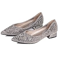 Women's Low Block Chunky Heels Dress Shoes, Rhinestone Comfort Dress Shoes for Women, Pointed Toe Soft Dress Wedding Shoes for Party Office