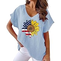 Spring Clothes for Women 2024 for Short Women Sunflower Print V Neck Cotton Casual Bat Short Sleeve T Shirt Wo