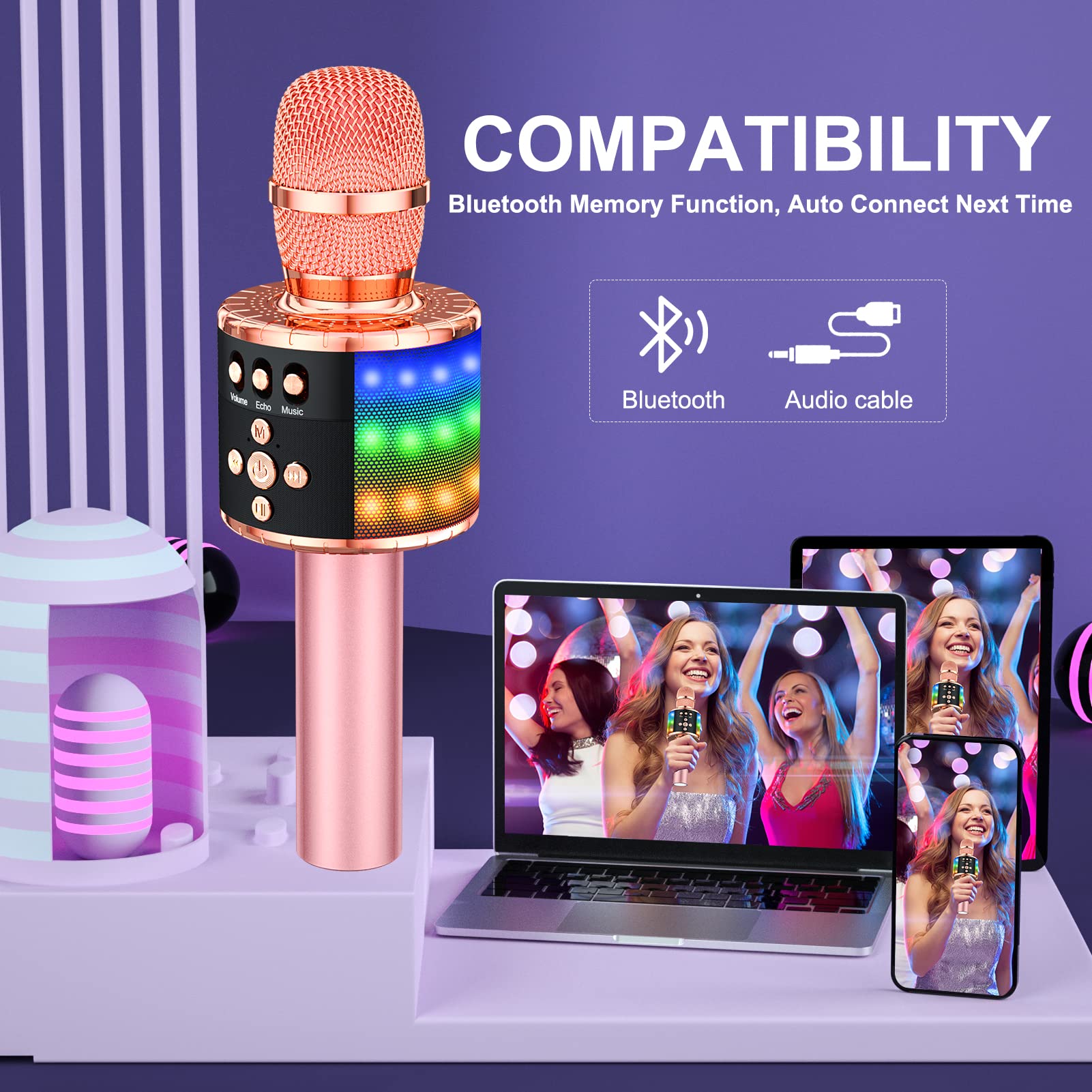 BONAOK Wireless Bluetooth Karaoke Microphone with Controllable LED Lights, 4-in-1 Portable Handheld Mic Speaker for All Smartphones, Birthday for Kids Adults All Age Q78(Rose Gold)