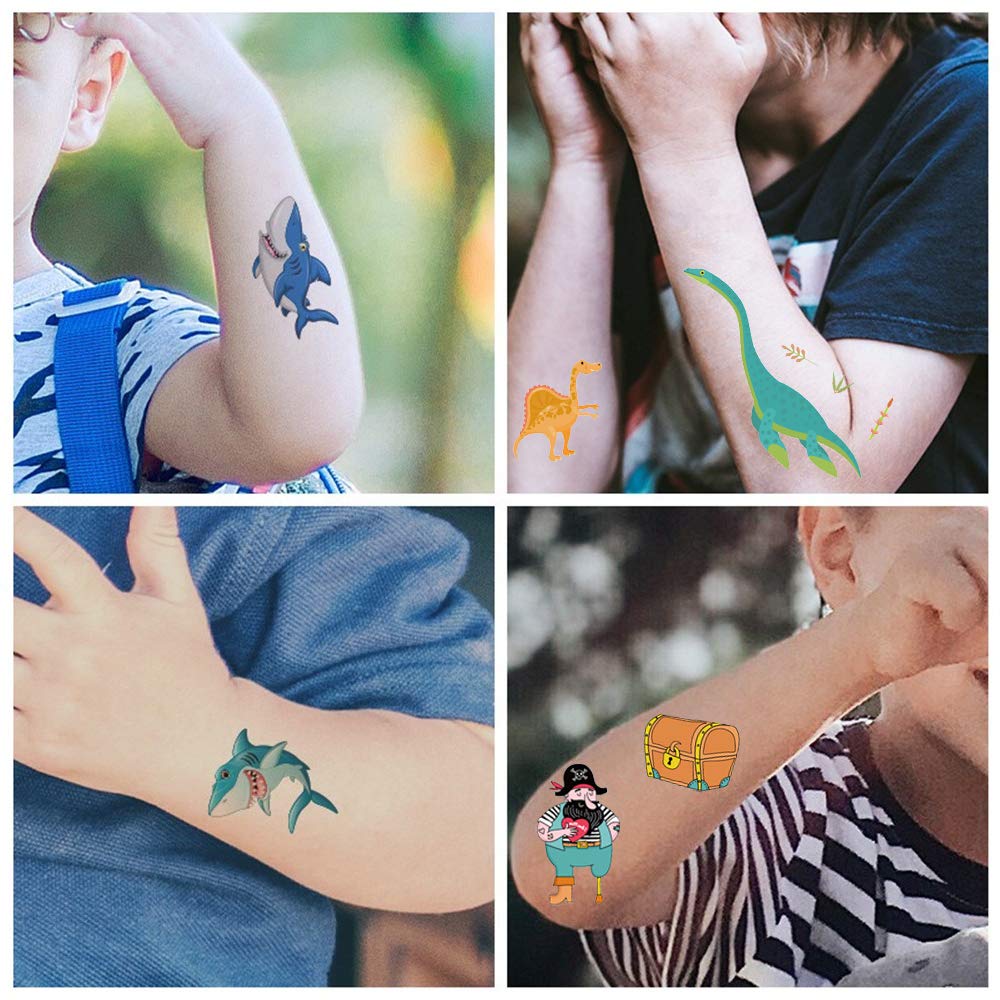 Mocossmy Dinosaur Temporary Tattoos for Kids,9 Sheets Dinosaur Shark Pirate Waterproof Fake Tattoo Body Decoration DIY Crafts for Kids Boys Girls Birthday Gifts Ocean Themed Party Favor Supplies