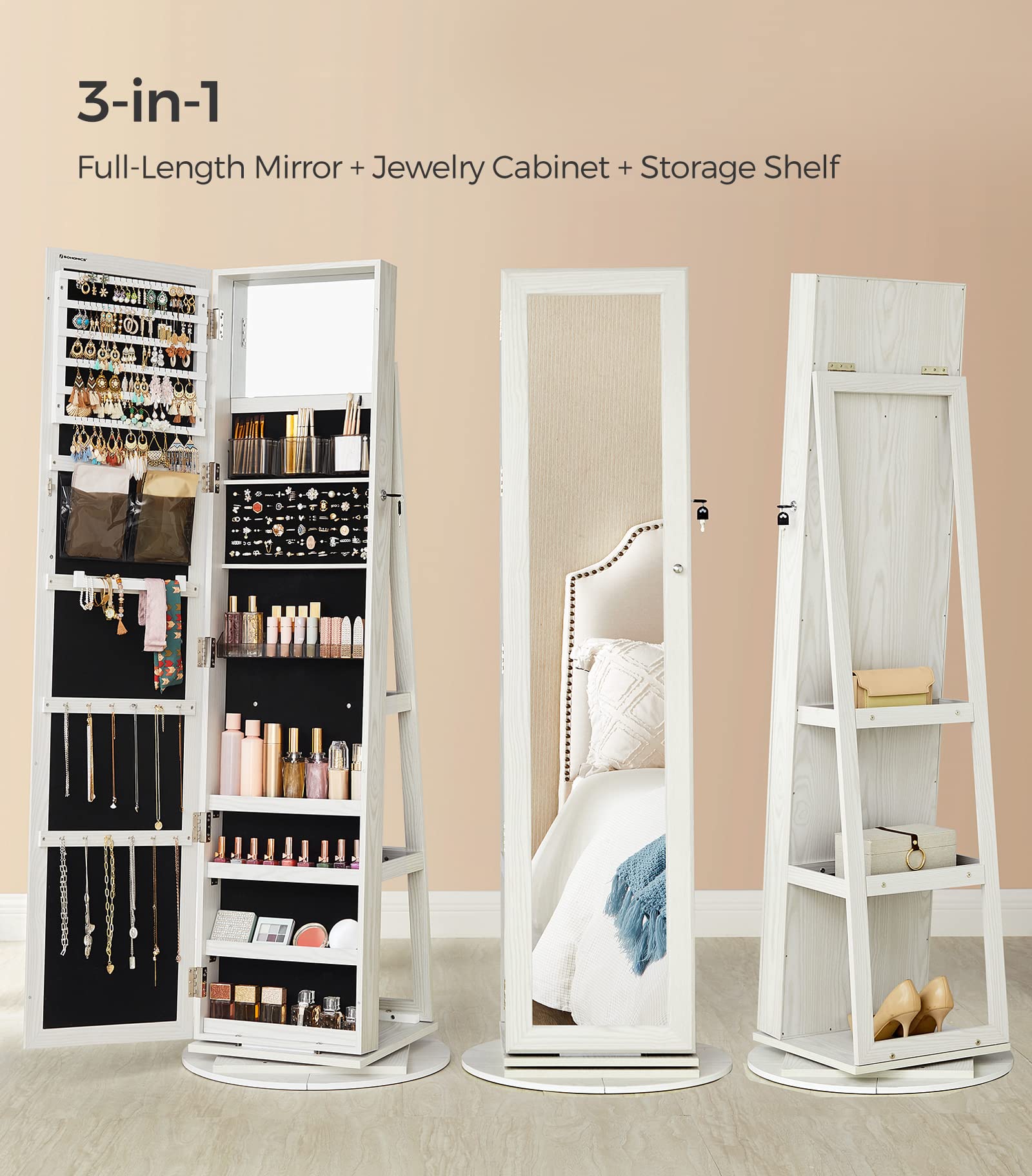 SONGMICS 360° Swivel Jewelry Cabinet, Lockable Organizer with Full-Length Mirror, Rear Storage Shelves, Built-in Small Armoire, for Women, White UJJC006W01
