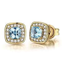 JewelryPalace 1ct Cushion Cut Genuine Sky Blue Topaz Halo Stud Earrings for Women, 14k Gold Plated 925 Sterling Silver Earrings for Her, Gemstone Jewellery Sets