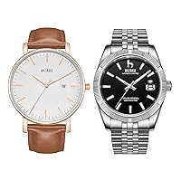 BUREI Men's Luxury Automatic Stainless Steel Watch Sapphire Crystalist Leather Quartz Watches with Date