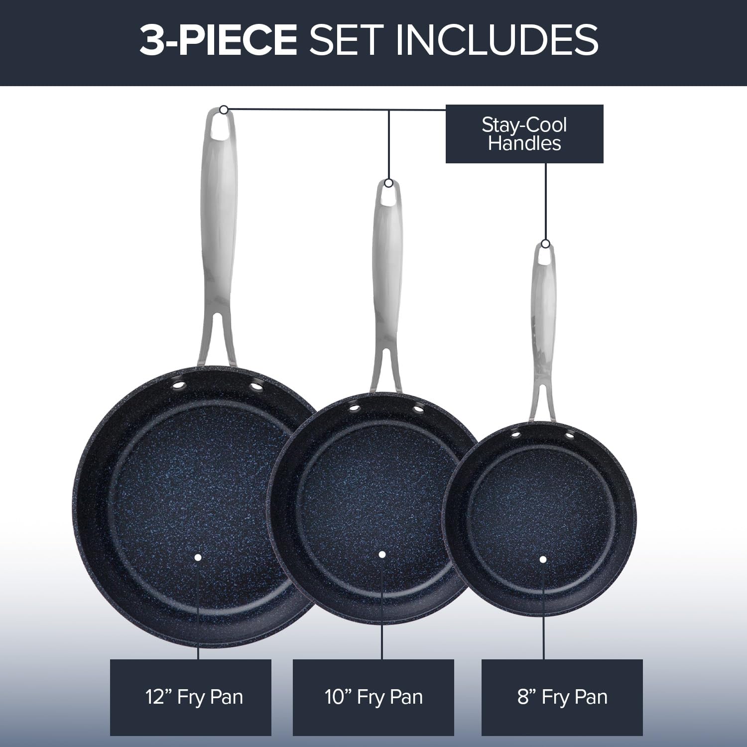 Nuwave 3-Piece 8”, 10”, 12” Forged Lightweight Frying Pan Set, G10 Healthy Duralon Blue Ceramic Ultra Non-Stick, Ergonomic Stay-Cool Handles, Induction-Ready & Works on All Cooktops