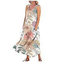 Sundresses for Women,Womens Casual Floral Print Crewneck Sleeveless Maxi Dress Flowy Long Beach Dress with Pockets