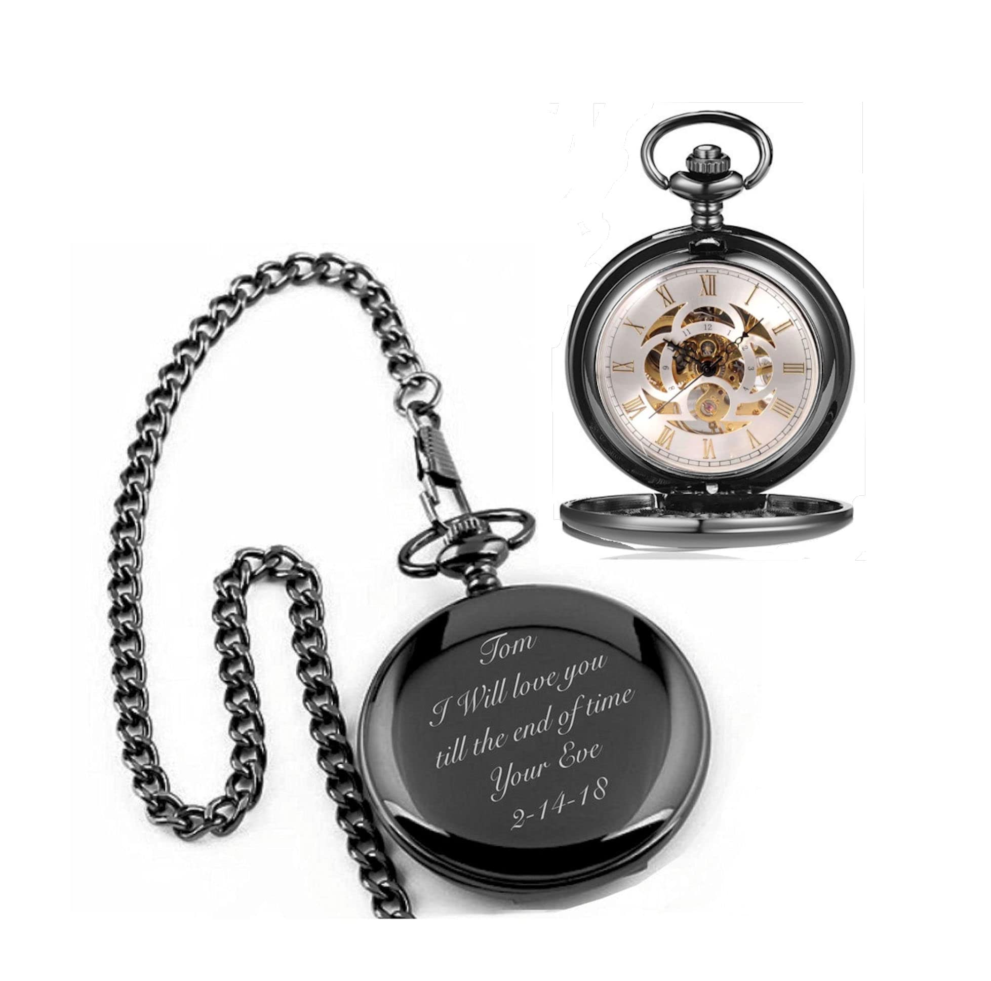 Personalized Antique Mechanical Movement Gunmetal Pocket Watch Custom Engraved Free with Gift Box - Ships from USA, PW51