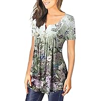 Women Tops,Loose Plus Size Printed Tunic V-Neck Summer Short Sleeve Shirt Button Sexy Tees Trendy Top Blouse