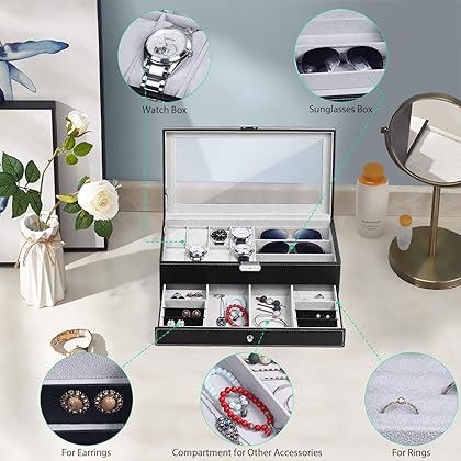TomCare Upgraded Watch Box Watch Case Jewelry Organizer Holder Jewelry Display Box Case Drawer Sunglasses Storage Earrings Storage Organizer Lockable with Glass Top and PU Leather for Men Women, Black