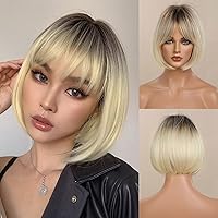 MORICA Short Bob Wig with Bangs Bleach Blonde Short Wigs for Women Synthetic Side Part Straight Hair Heat Resistant Fiber Wigs14 Inches for Party Daily Wear