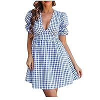 Womens Cotton Linen Puff Sleeve V Neck Plaid Babydoll Dress Cute A Line Flowy Short Mini Dress Summer Casual Dresses