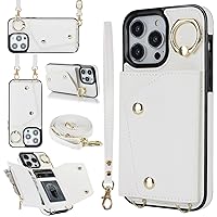 LUVI Compatible with iPhone 15 Pro Wallet Case with Card Holder Crossbody Neck Strap Lanyard Wrist Strap Purse for Women PU Leather Flip Case with Credit Card Kickstand Stand Case White