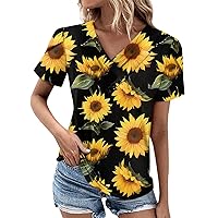 Womens Fashion Tops Trendy Summer Tops for Women 2024 Flower Print Button Patchwork Loose Fit Casual with Short Sleeve V Neck Shirts Ginger Large