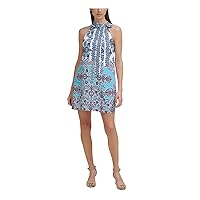 Vince Camuto Womens Light Blue Zippered Fitted Sleeveless Tie Neck Mini Evening Shift Dress Petites 2P