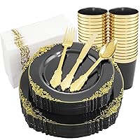 Nervure 175PCS Black Plastic Plates - Gold Plastic Plates Sets for 25 Guests Include 25Dinner Plates, 25Dessert Plates, 25Cups, 25Forks, 25Knives, 25Spoons, 25Napkins for Parties & Birthday