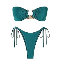 ZAFUL Metal Ring Bandeau Bikini Set Tie Side Bathing Suit High Cut 2 Piece Swimsuit Cutout Swimwear