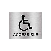 Wheelchair Accessible, Disability, Handicap, Disabled Sign. Silver Adhesive Sticker Notice. Metallic Silver Engraved Black with Universal Icon Symbol and Text (Size 5 inches x 4 inches)