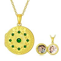 Personalized 10K 14K 18K Gold/Plated Gold Round Emerald Locket Necklace That Holds Pictures Custom Natural Gemstone Locket Pendant Necklace with Real Gold Chain Gift for Wome