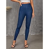 Solid High Waist Leggings (Color : Navy Blue, Size : Small)