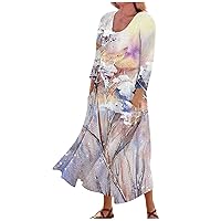 Summer Dresses for Women 2024 Printed 3/4 Sleeve Dresses with Pocket Casual Trendy Sun Dress Swing Lightweight Dress
