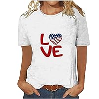 Women Love American Flag Print Round-Neck Shirt Independence Day T-Shirt Short Sleeve Tops Patriotic Novelty Pullover Tees