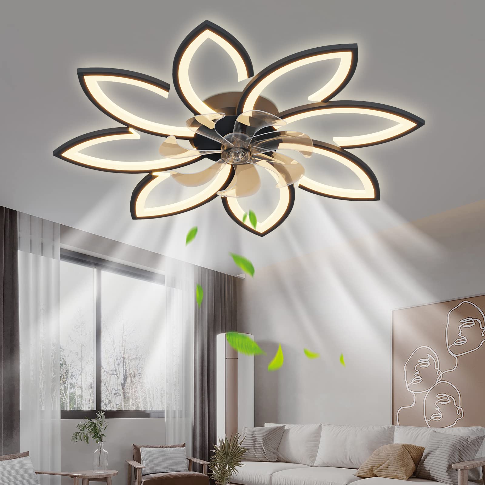 35''Ceiling Fans with Lights, Modern Ceiling Fan with Lights and Remote, Dimmable Bladeless Ceiling Fans LED Light, Low Profile Ceiling Fan 6 Speed Reversible Blades Timing, for Bedroom (Black)
