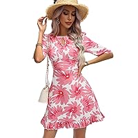 Summer Dresses for Women 2023 Floral Print Keyhole Neckline Ruffle Hem Short A-Line Dress