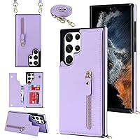 Crossbody Wallet Case for Galaxy S23 Ultra with Card Slot Holder Zipper Pocket Detachable Crossbody Lanyard Strap for Women Girls Flip Leather Magnetic Clasp Kickstand Square Phone Cover Purple