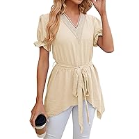 Women's Casual Ruffle Short Sleeve Tops Cute Solid Color Splicing Ribbed Tie T-Shirt Blouses Top