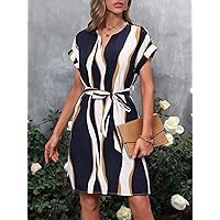 Fall Dresses for Women 2023 Striped Notched Neck Belted Dress Dresses for Women (Color : Navy Blue, Size : X-Large)