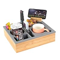 Couch Cup Holder Tray, Handy Silicone Bamboo Couch Caddy with Rotatable Phone Holder for Bed Car Seat Organizer, Waterproof Anti-spill Sofa Cup Holder for Snacks Beverage Remote (Gray)