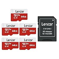 Lexar E-Series 64GB Micro SD Card 5 Pack, microSDXC UHS-I Flash Memory Card with Adapter, 100MB/s, C10, U3, A1, V30, Full HD, 4K UHD, High Speed TF Card