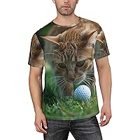 Men's Cute Cat Playing Golf Ball Short Sleeve T-Shirts, Animal Graphic Tee