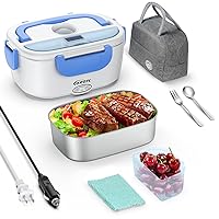95W Electric Lunch Box, 3 IN 1 12V/24V/110V Heated Lunch Boxes for Work Car/Truck, Portable Microwave with 1.5L 304 Stainless Steel Container/Fork/Spoon/Insulated Carry Bag