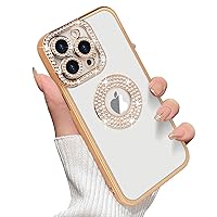 Losin Compatible with iPhone 15 Pro Max Glitter Case with Logo View for Women Girls Luxury Cute Diamond Case Bling Camera Protective Soft Clear TPU Sparkle Rhinestone Shockproof Cover, Gold