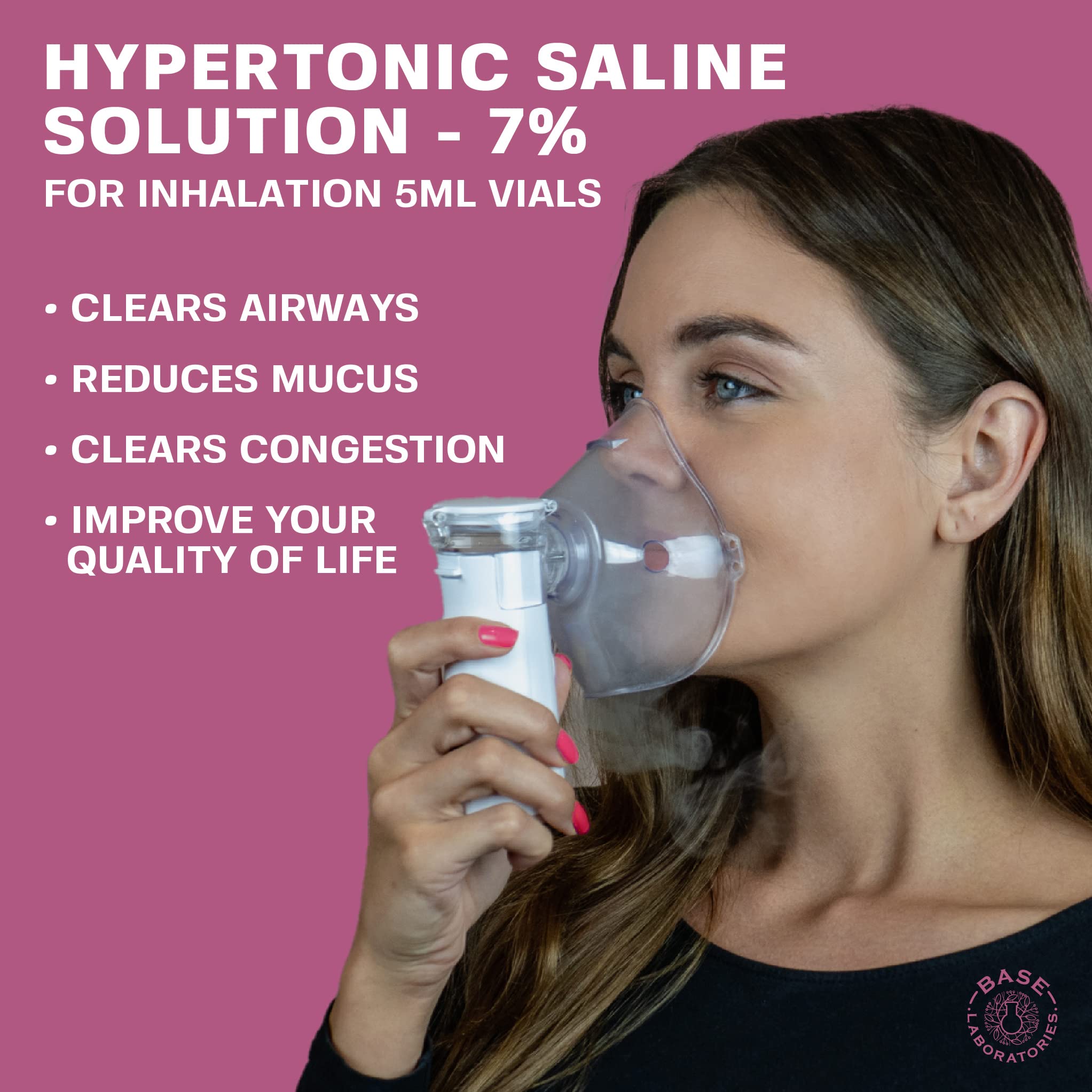 Base Labs 7% Hypertonic Saline Solution for Nebulizer Machine | Sterile Saline Solution for Inhalation| Helps with Respiratory Treatments, Clears Lungs, Mucus & Congestion l 25 Vials 5ml Unit Dose