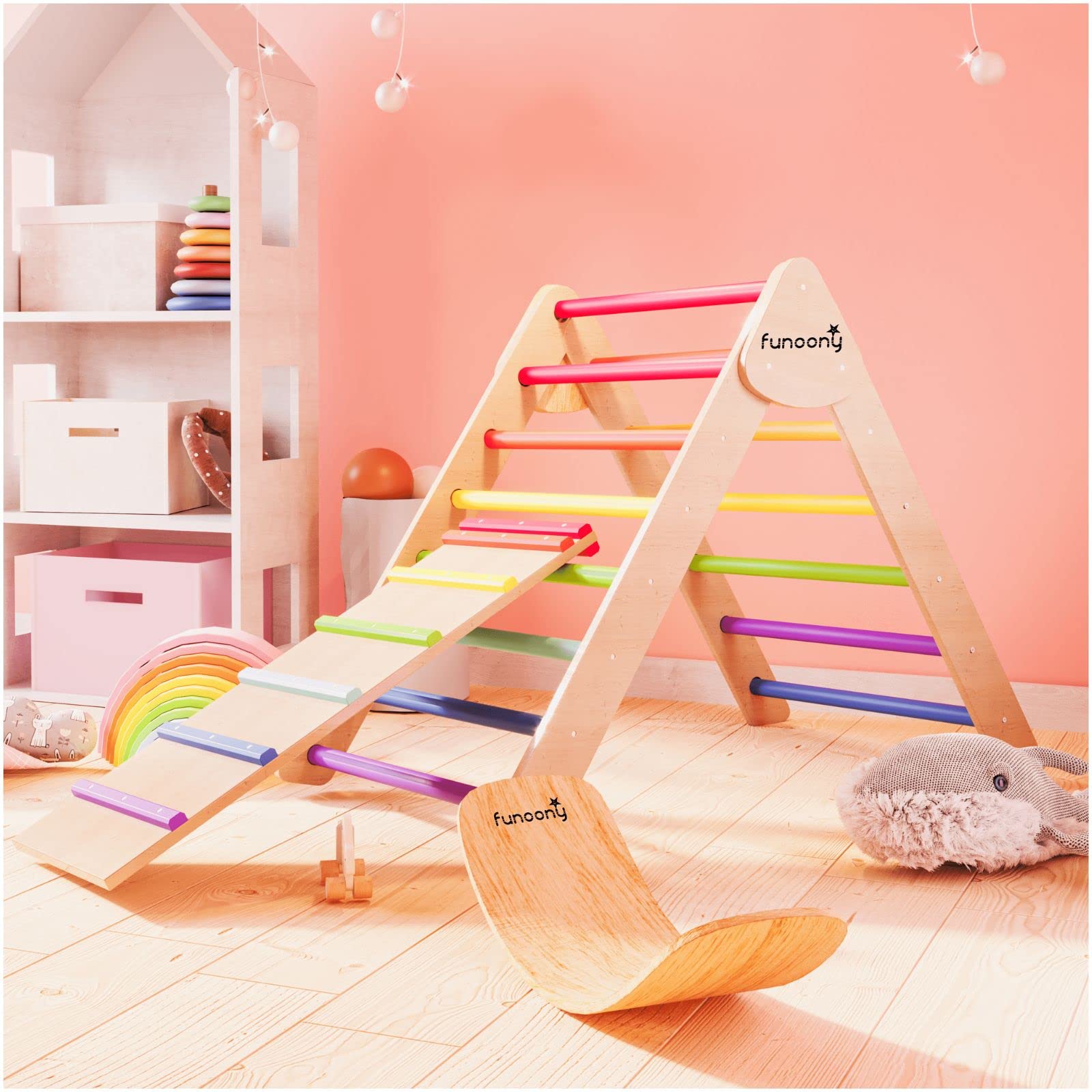 Pikler Triangle Climbing Set with Ramp, Foldable Montessori Climbing Toys Indoor, Wooden Climbing Triangle for Toddlers, Montessori Climber, Colorful Rainbow Pickler Triangle, Slide Ladder Pikler Gym